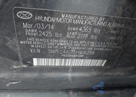 2014 Hyundai Sonata Se from USA, damaged, VIN 5NPEC4AC1EH906259